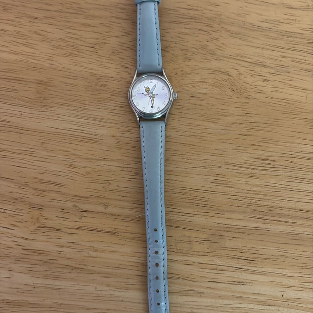 Disney Tinker Bell Round Silver Analog Watch Blue Leather Band Women's